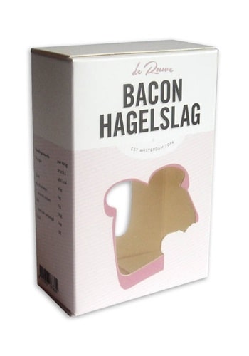 bedrukte doos met 2 vensters in speciale vorm voor kickstart project verpakking broodbeleg bacon hagelslag met speciale coating