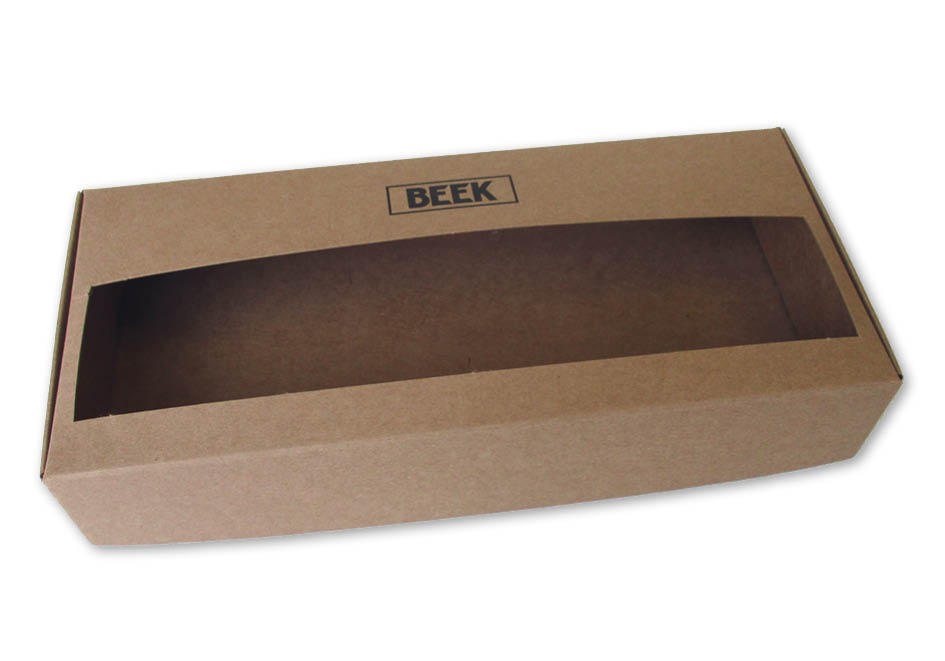 productverpakking bedrukt doosje van bruin kraft karton met venster voor sokken of zakdoek met opdruk in zwart