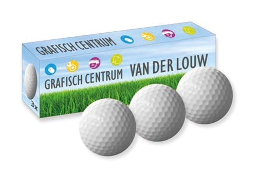Voorbeeld van een bedrukt golfbaldoosje voor 3 golfballen met 2 klepjes