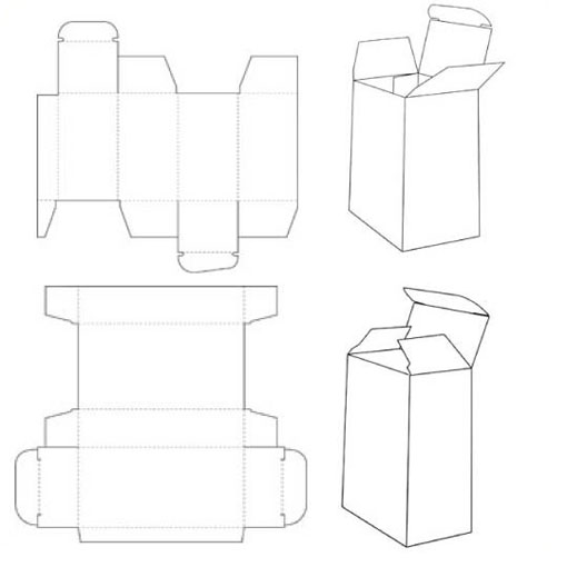 Stanstekening van een bedrukt doosje, langsnaad gelijmd, met deksel aan onder- en bovenzijde. Fefco 0211 of fefco 0210.